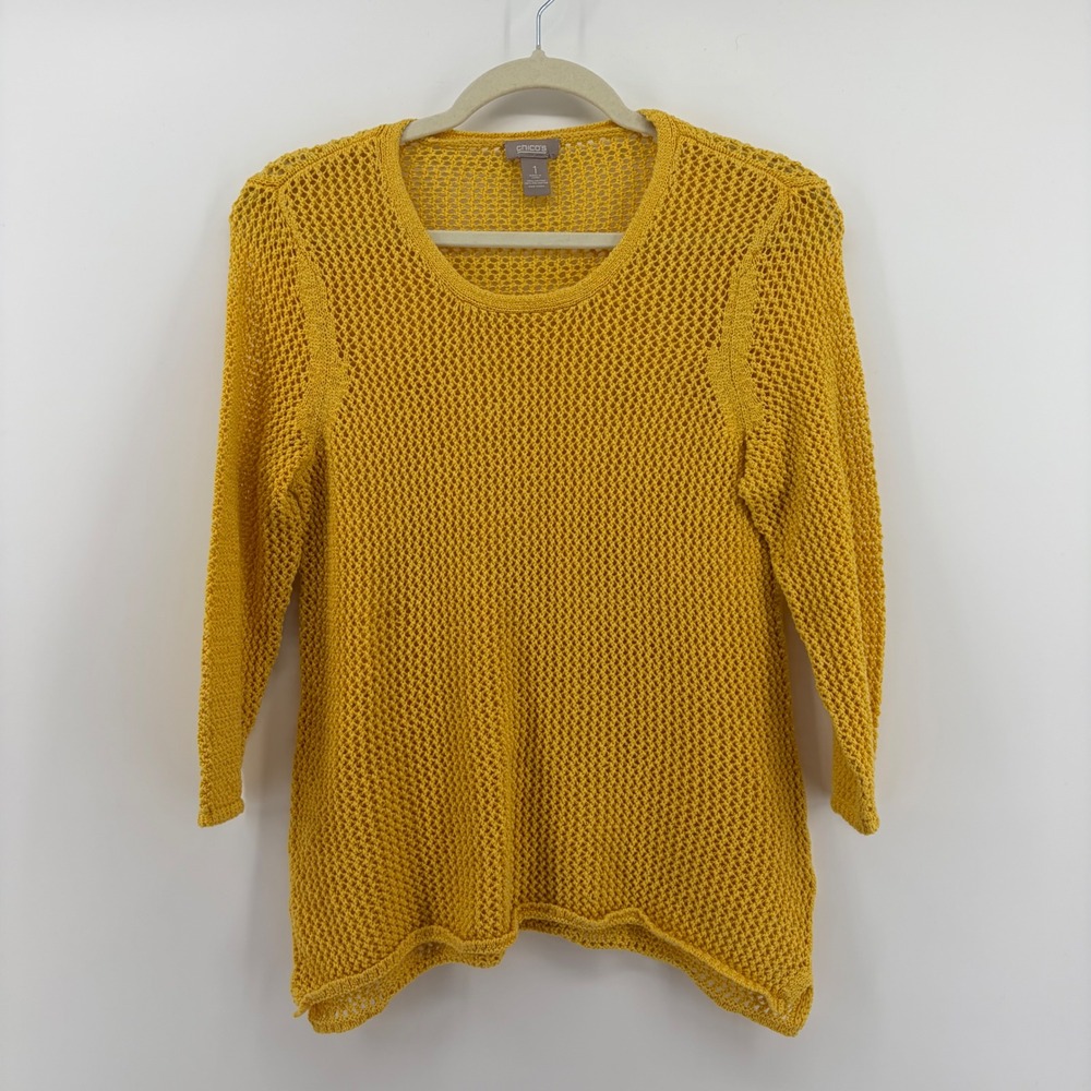 Chicos Yellow Crochet Knit Long Sleeve Tunic Sweater Top‎ Size 1 / US Medium